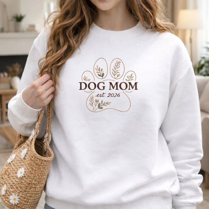 Personalized Dog Mom EST 2026 Floral Paw Print Custom Name Embroidered Sweatshirt