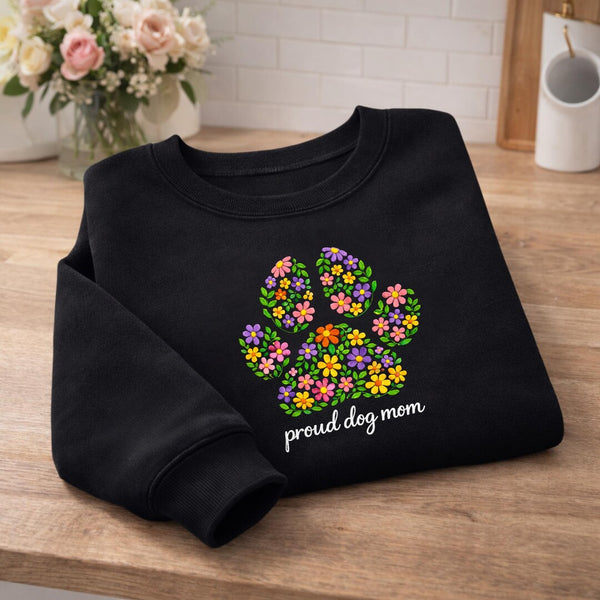 Proud Dog Mom Floral Paw Print Colorful Wildflowers embroidered sweatshirt — front view