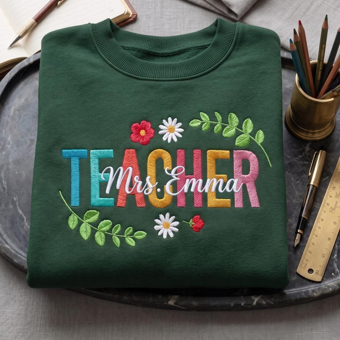 Personalized Teacher Floral Wildflower Colorful Letters Custom Name Embroidered Sweatshirt