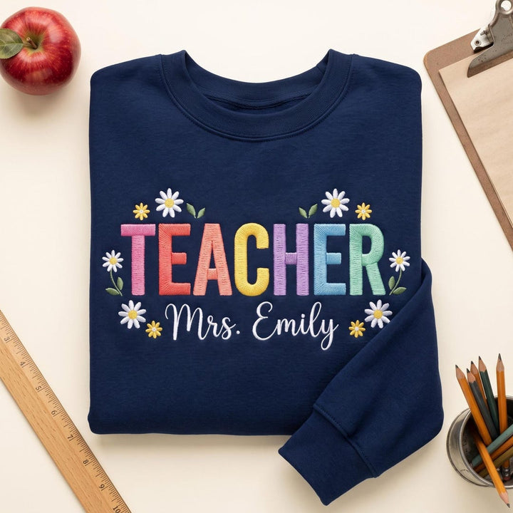 Personalized Teacher Daisy Floral Rainbow Letters Custom Name embroidered sweatshirt — front view
