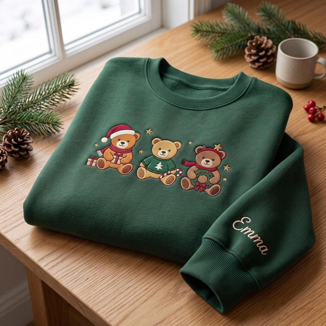 Personalized Christmas Three Teddy Bears Holiday Custom Name Sleeve embroidered sweatshirt — front view