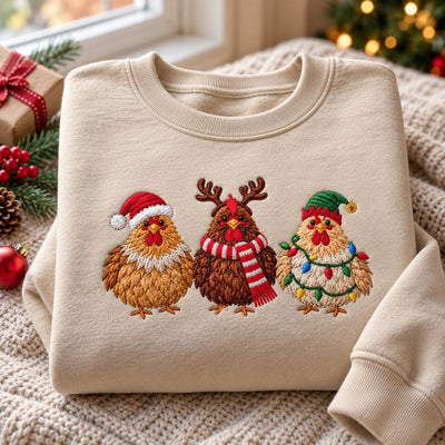 Christmas Chickens Santa Reindeer Elf Holiday Farm embroidered sweatshirt — front view