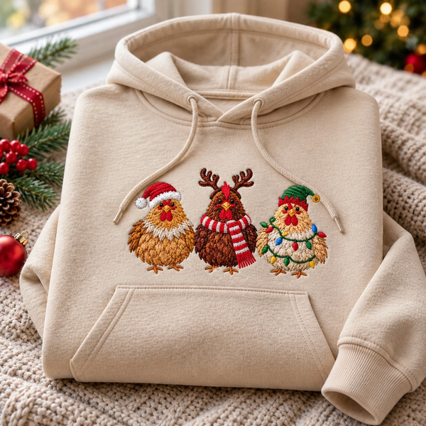 Christmas Chickens Santa Reindeer Elf Holiday Farm Embroidered Hoodie