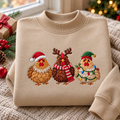 Christmas Chickens Santa Reindeer Elf Holiday Farm Embroidered Mock Neck Sweatshirt