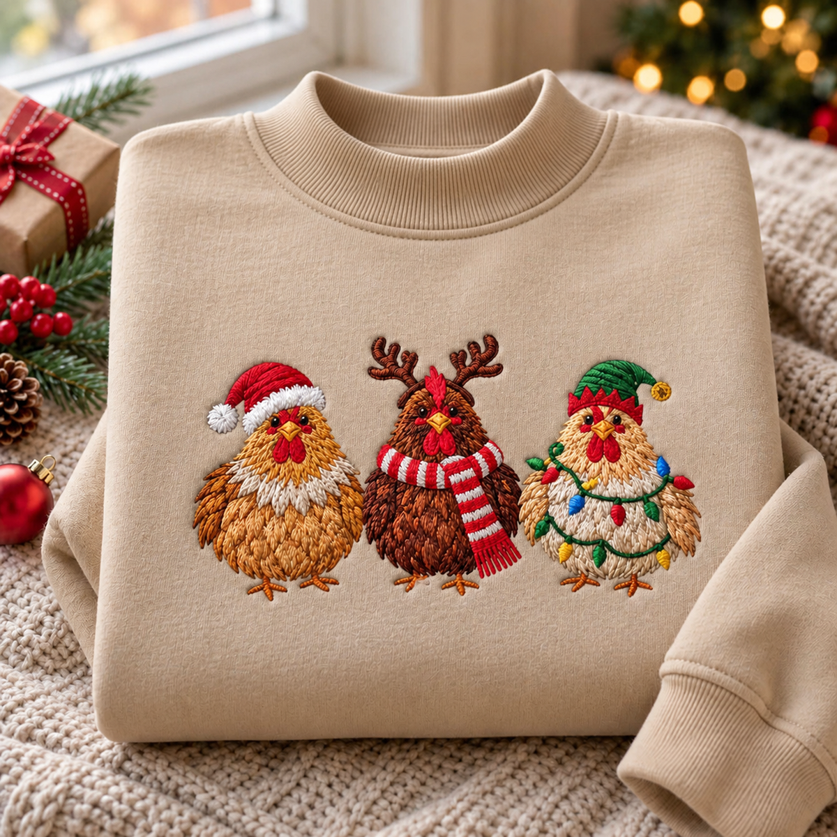 Christmas Chickens Santa Reindeer Elf Holiday Farm Embroidered Mock Neck Sweatshirt