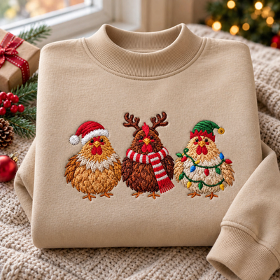 Christmas Chickens Santa Reindeer Elf Holiday Farm Embroidered Mock Neck Sweatshirt