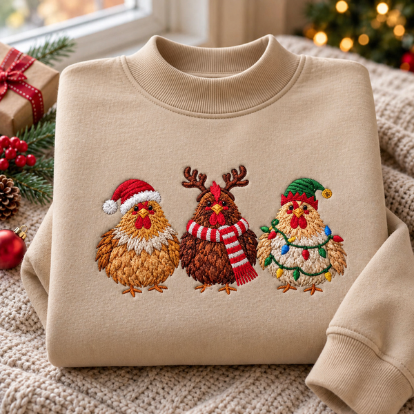 Christmas Chickens Santa Reindeer Elf Holiday Farm Embroidered Mock Neck Sweatshirt