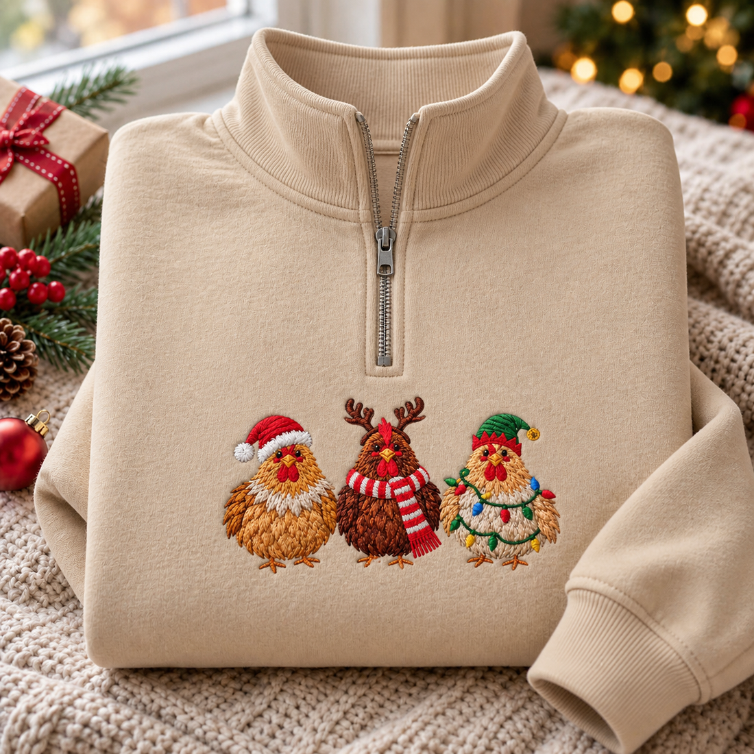 Christmas Chickens Santa Reindeer Elf Holiday Farm Embroidered Quarter-Zip