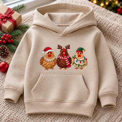 Christmas Chickens Santa Reindeer Elf Holiday Farm Embroidered Youth Hoodie