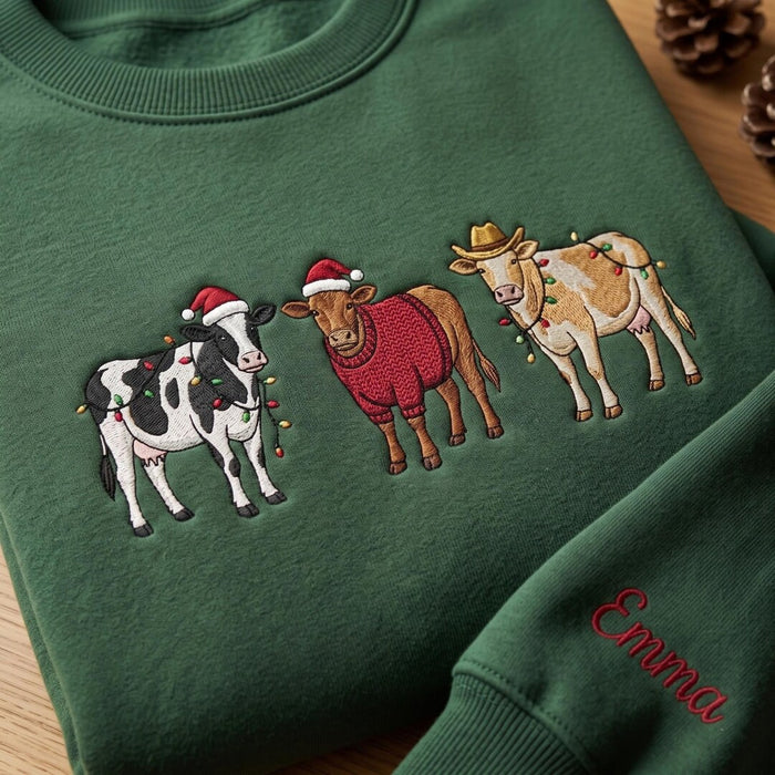 Personalized Christmas Cows Santa Hat Sweater Lights Cowboy Hat Custom Name Embroidered Sweatshirt
