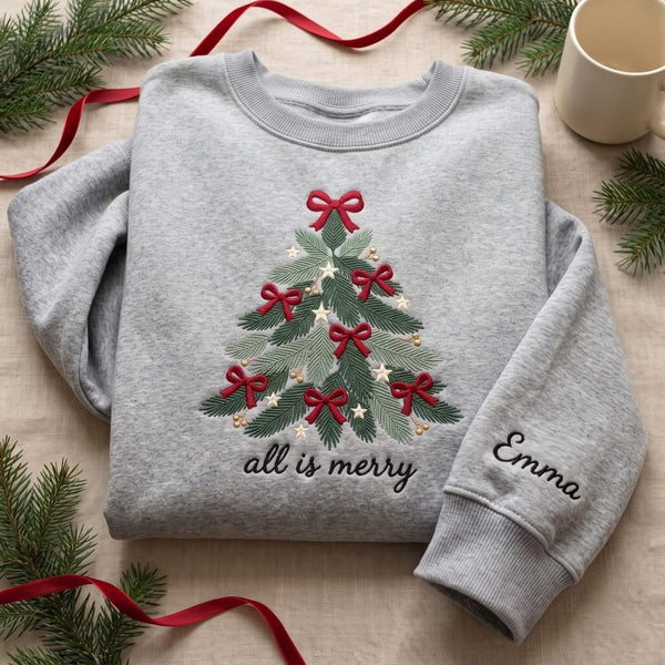 Personalized Christmas Tree Bows Stars All Is Merry Custom Name Sleeve embroidered sweatshirt — front view