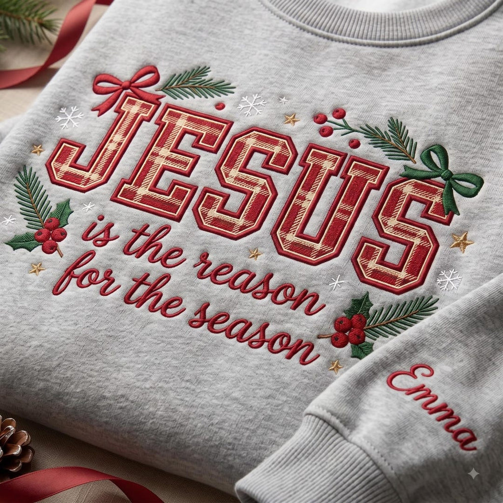 Personalized Jesus Is the Reason for the Season Christmas Faith embroidered hoodie — front view