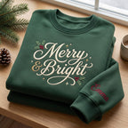 Personalized Merry and Bright Holly Berry Script Custom Name on Sleeve embroidered sweatshirt — front view