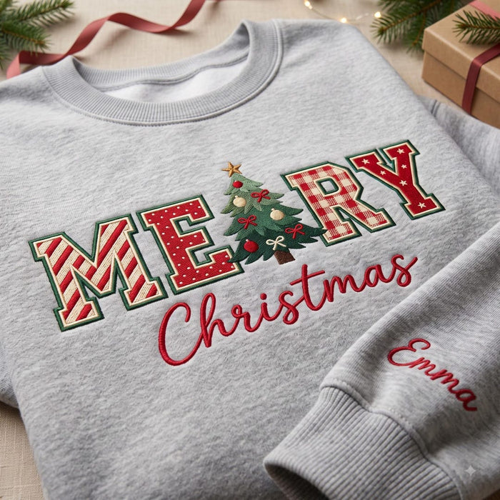 Personalized Merry Christmas Tree Varsity Letter Custom Name Sleeve Embroidered Hoodie