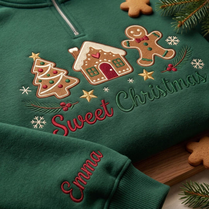 Personalized Sweet Christmas Gingerbread House Tree Man Custom Name Embroidered Quarter-Zip