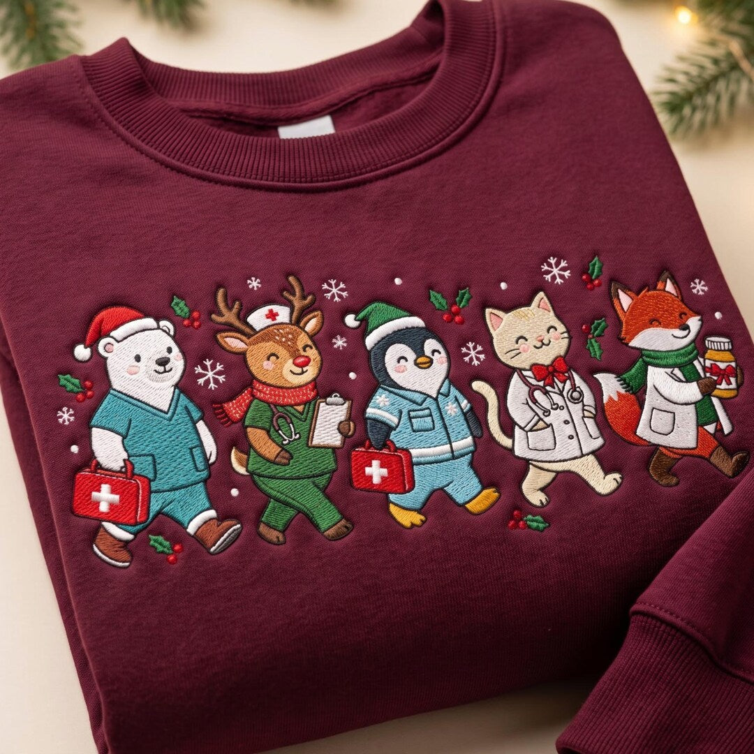 Personalized Christmas Medical Team Animals Bear Deer Penguin Cat Fox Nurse Doctor embroidered sweatshirt — front view