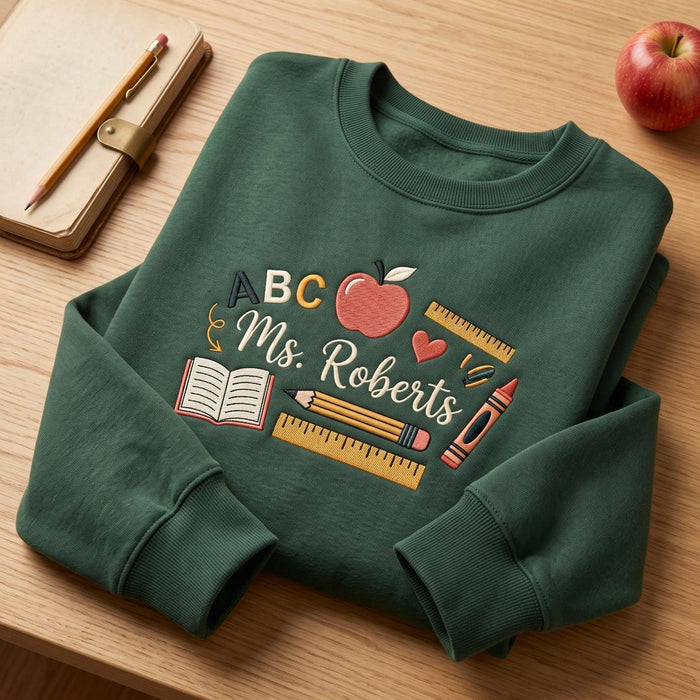 Personalized Teacher Name Abc Apple Book Pencil Ruler Crayon Embroidered Sweatshirt
