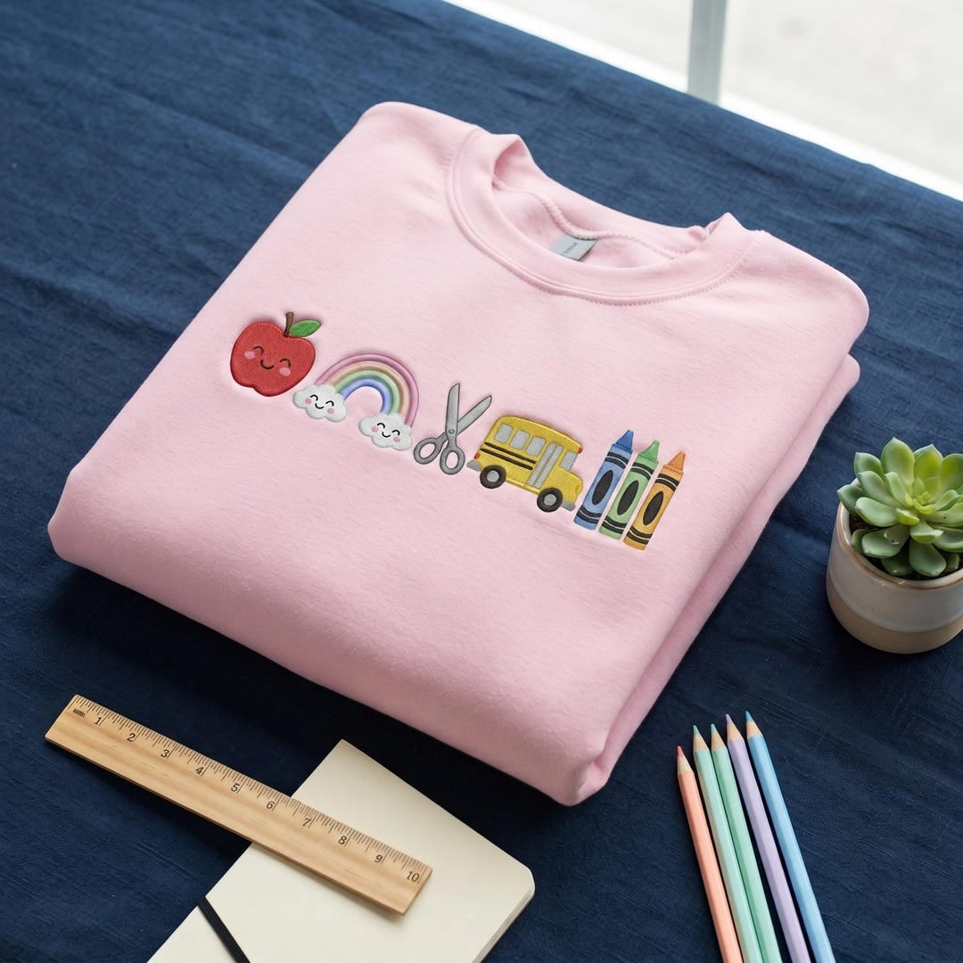 To School Apple Rainbow Scissors School Bus Crayons Cute embroidered sweatshirt — front view