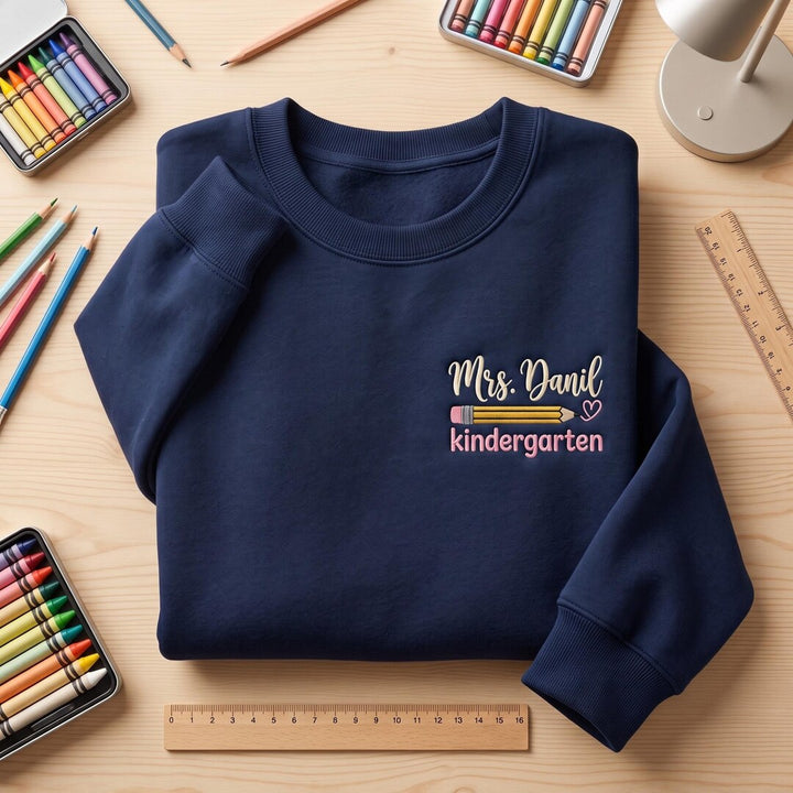 Personalized Kindergarten Teacher Pencil Heart Custom Name embroidered sweatshirt — front view