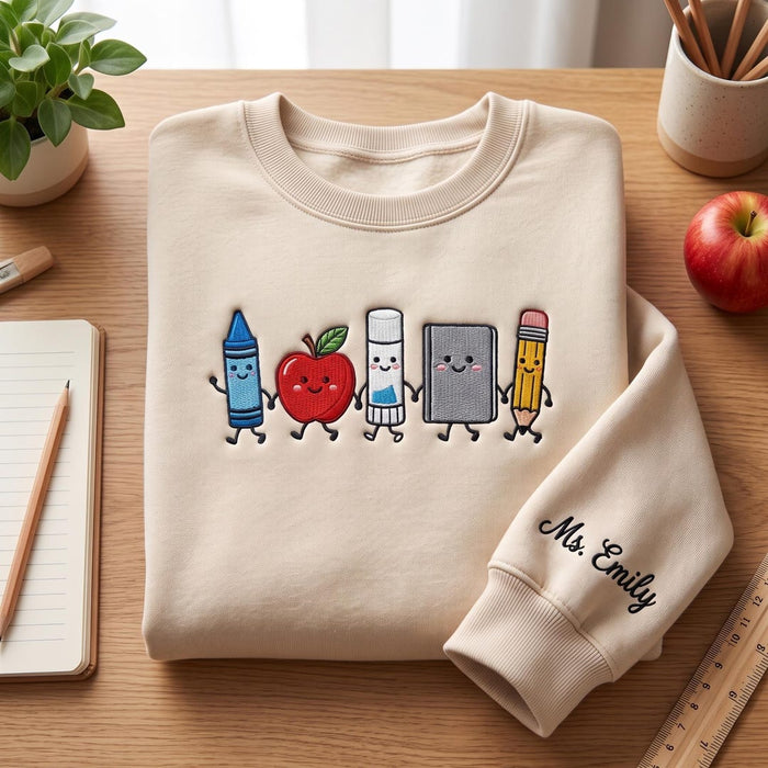 Personalized Teacher Cute School Supplies Crayon Apple Eraser Book Pencil Holding Hands Sleeve Name Embroidered Sweatshirt