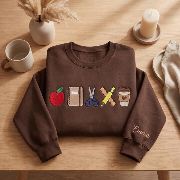 Personalized Teacher Apple Notebook Scissors Ruler Highlighter Coffee Cup Custom Name Sleeve Embroidered Sweatshirt
