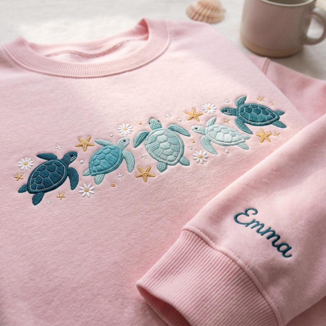 Personalized Sea Turtles Starfish Daisies Ocean Coastal Custom Name embroidered sweatshirt — front view
