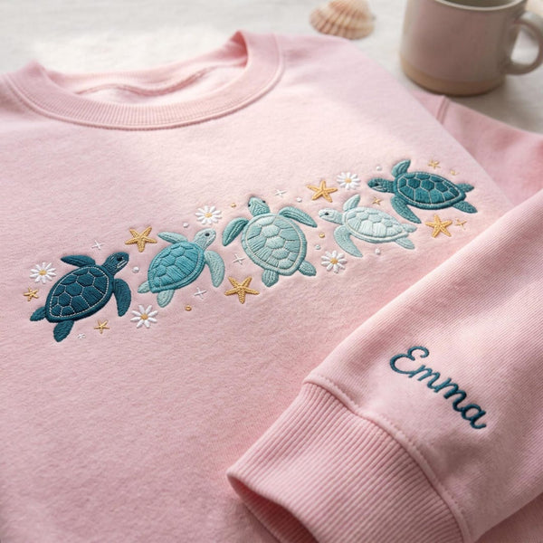 Personalized Sea Turtles Starfish Daisies Ocean Coastal Custom Name embroidered sweatshirt — front view
