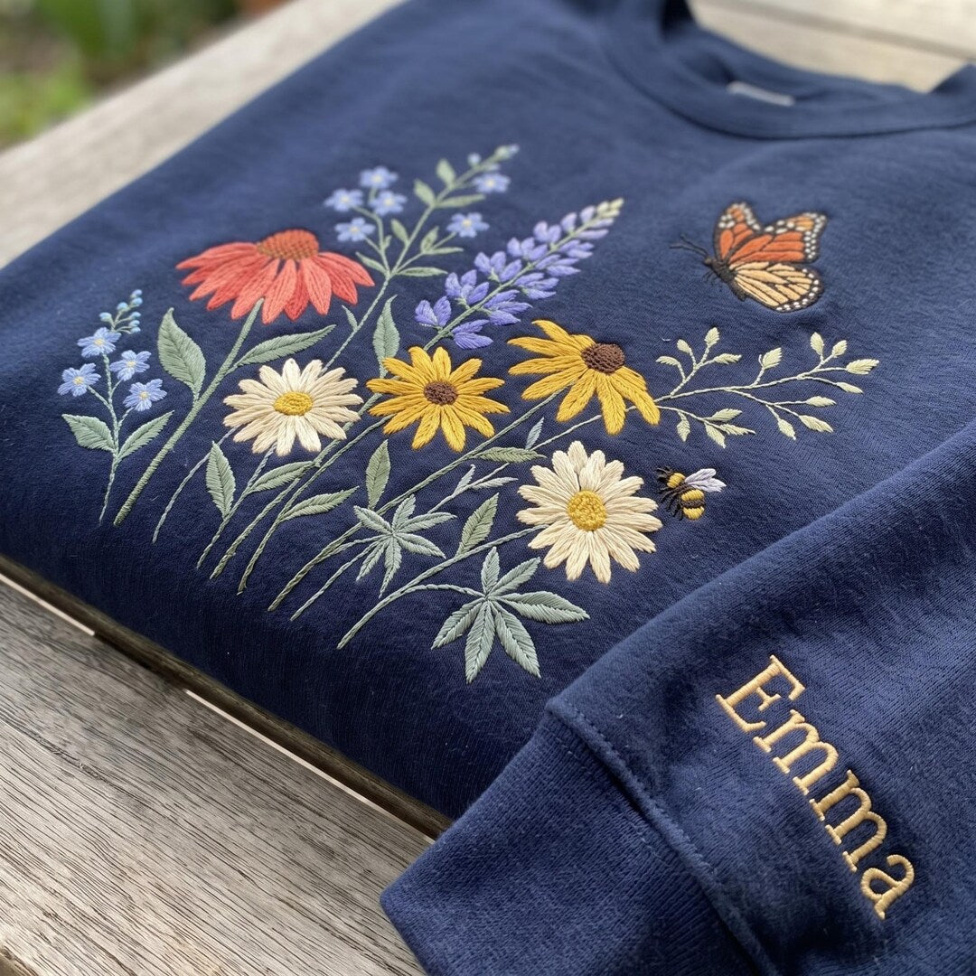 Personalized Wildflower Bouquet Butterfly Bee Custom Name Sleeve embroidered sweatshirt — front view