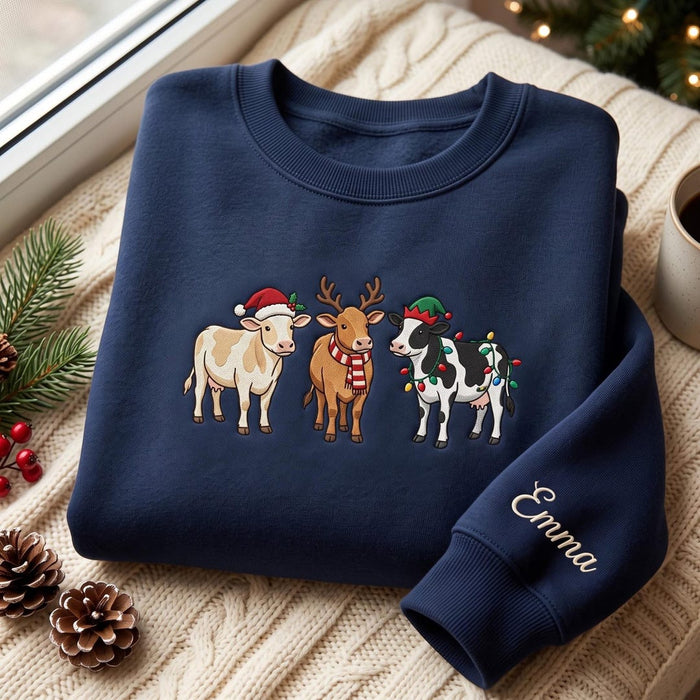 Personalized Christmas Cows Santa Reindeer Elf Holiday Custom Name Sleeve Embroidered Sweatshirt