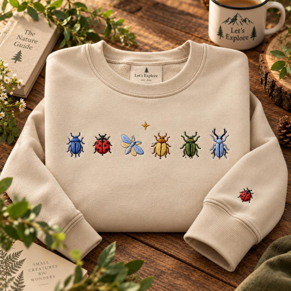 Six Garden Bugs Beetle Ladybug Dragonfly Sleeve Accent embroidered sweatshirt — front view