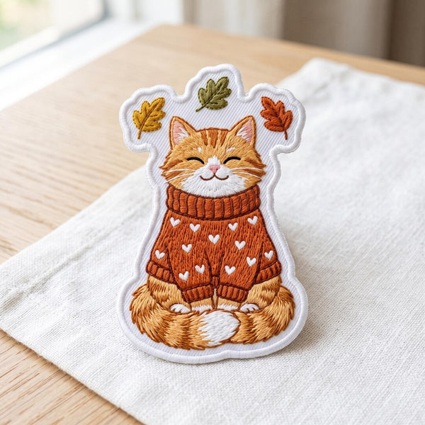Autumn Cat Cozy Knit Sweater Hearts Fall Leaves embroidered sweatshirt — front view