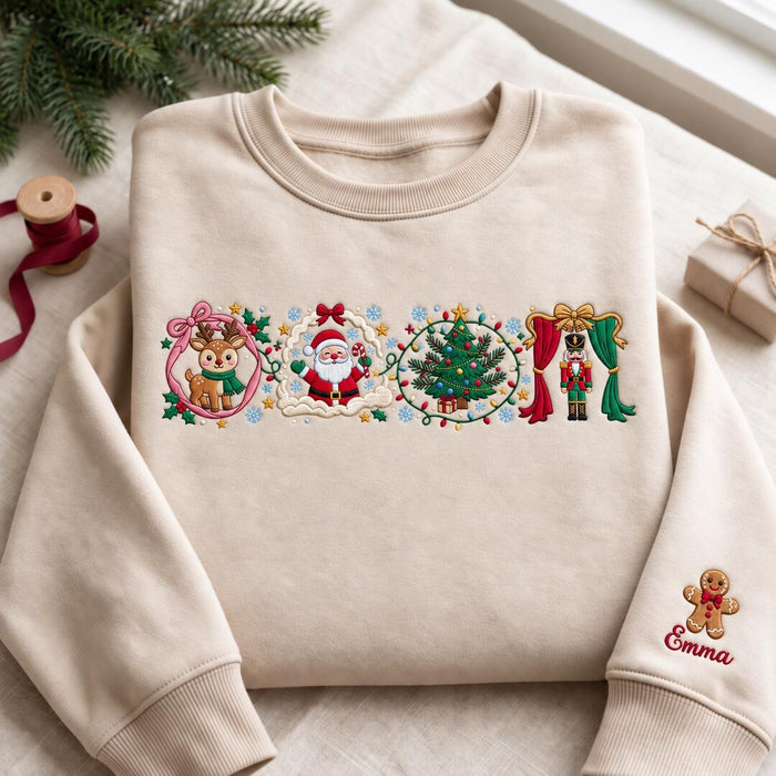 Personalized Christmas Reindeer Santa Nutcracker Gingerbread Custom Name Sleeve Embroidered Sweatshirt