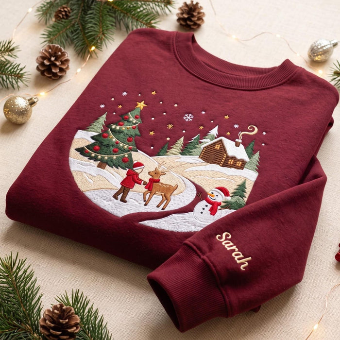 Personalized Christmas Winter Wonderland Scene Reindeer Snowman Cabin Custom Name Embroidered Sweatshirt