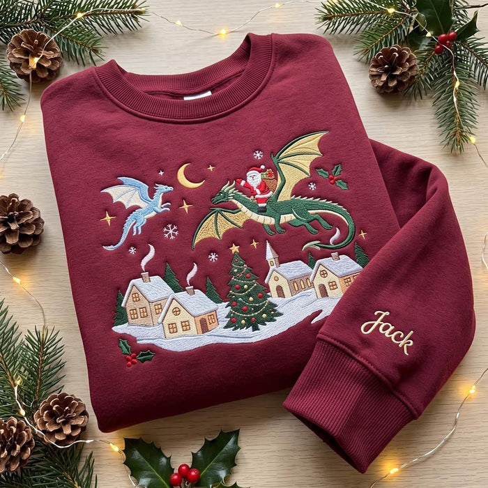 Personalized Santa Riding Dragon Christmas Village Winter Fantasy Custom Name Embroidered Sweatshirt