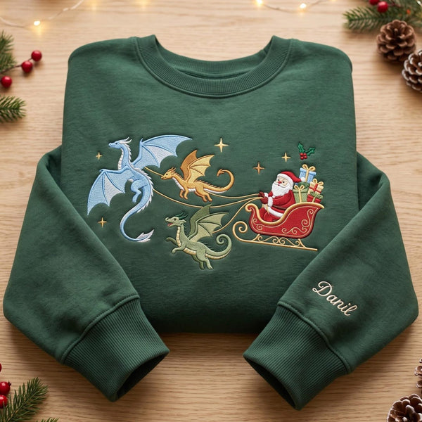 Personalized Santa Sleigh Three Dragons Christmas Custom Name Sleeve embroidered sweatshirt — front view
