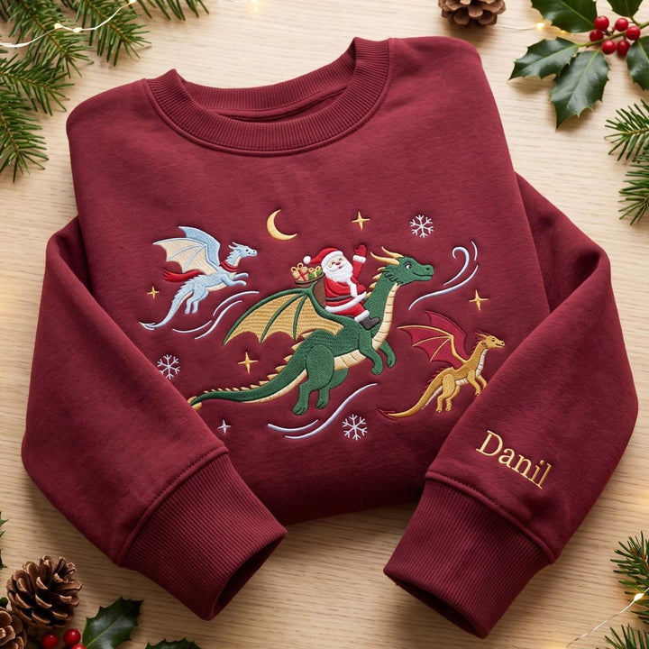Personalized Santa Riding Dragon Christmas Fantasy Three Dragons Custom Name Sleeve embroidered sweatshirt — front view