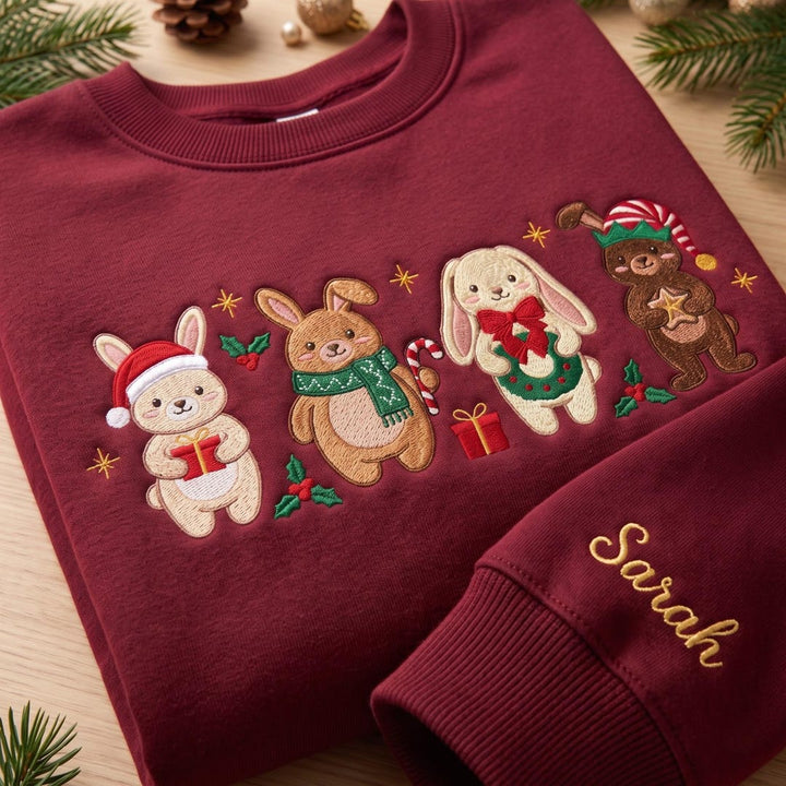 Personalized Christmas Bunny Bear Holiday Animals Santa Hat Wreath Candy Cane embroidered sweatshirt — front view