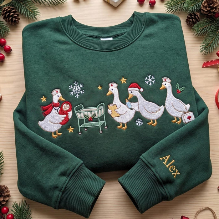 Personalized Christmas Nurse Geese Holiday Custom Name Embroidered Sweatshirt