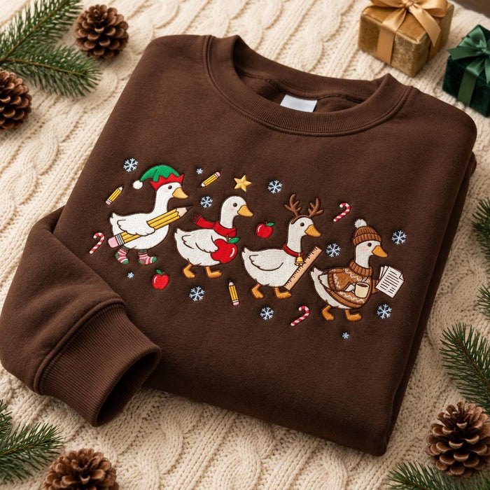 Christmas Teacher Goose Squad Pencil Apple Reindeer Antlers Snowflakes Embroidered Sweatshirt