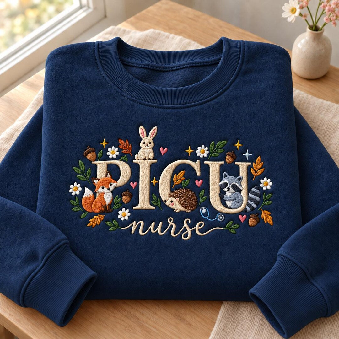 Picu Nurse Woodland Animals Fox Raccoon Hedgehog Bunny Floral embroidered sweatshirt — front view