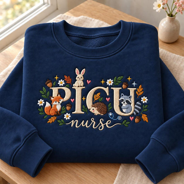 Picu Nurse Woodland Animals Fox Raccoon Hedgehog Bunny Floral embroidered sweatshirt — front view