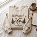 Personalized He Restores My Soul Psalm 23:3 Mountain Trees Butterfly Christian embroidered sweatshirt — front view