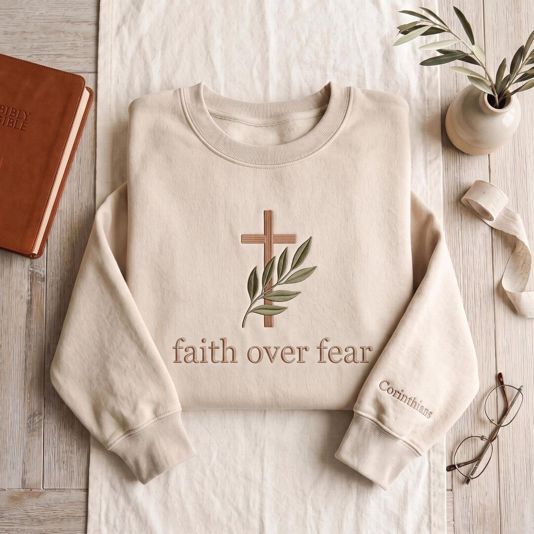 Personalized Faith Over Fear Cross Olive Branch Sleeve Name Christian embroidered sweatshirt — front view
