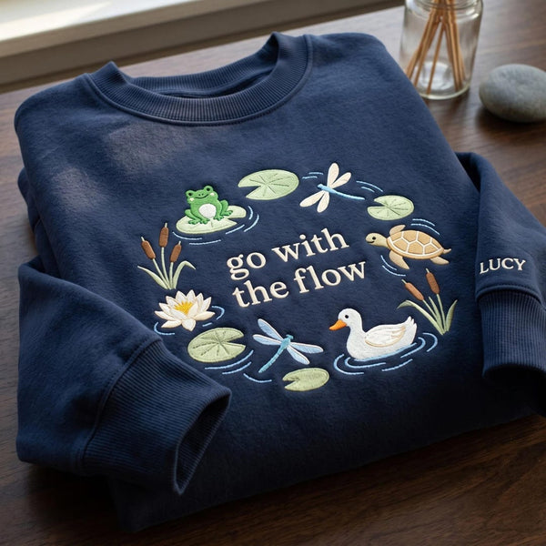 Personalized Go with the Flow Pond Frog Turtle Duck Dragonfly Lily embroidered sweatshirt — front view