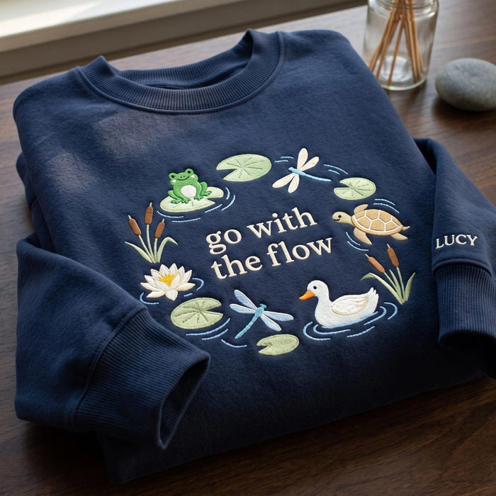 Personalized Go with the Flow Pond Frog Turtle Duck Dragonfly Lily Embroidered Sweatshirt