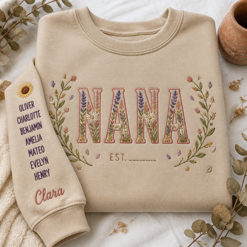 Personalized Nana Wildflower Garden EST Year Grandchildren Names embroidered sweatshirt — front view