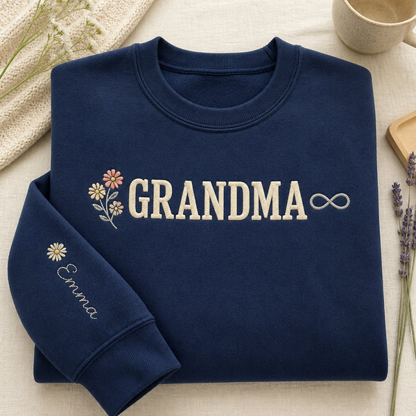 Personalized Grandma Grandkids Names Sleeve Gift embroidered sweatshirt — front view
