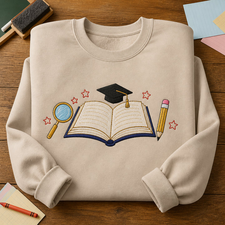 Teacher Life Classroom Scene Crew Neck embroidered sweatshirt — front view