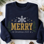 Bold Serif Merry Christmas Snowflake Scene Chenille embroidered sweatshirt — front view