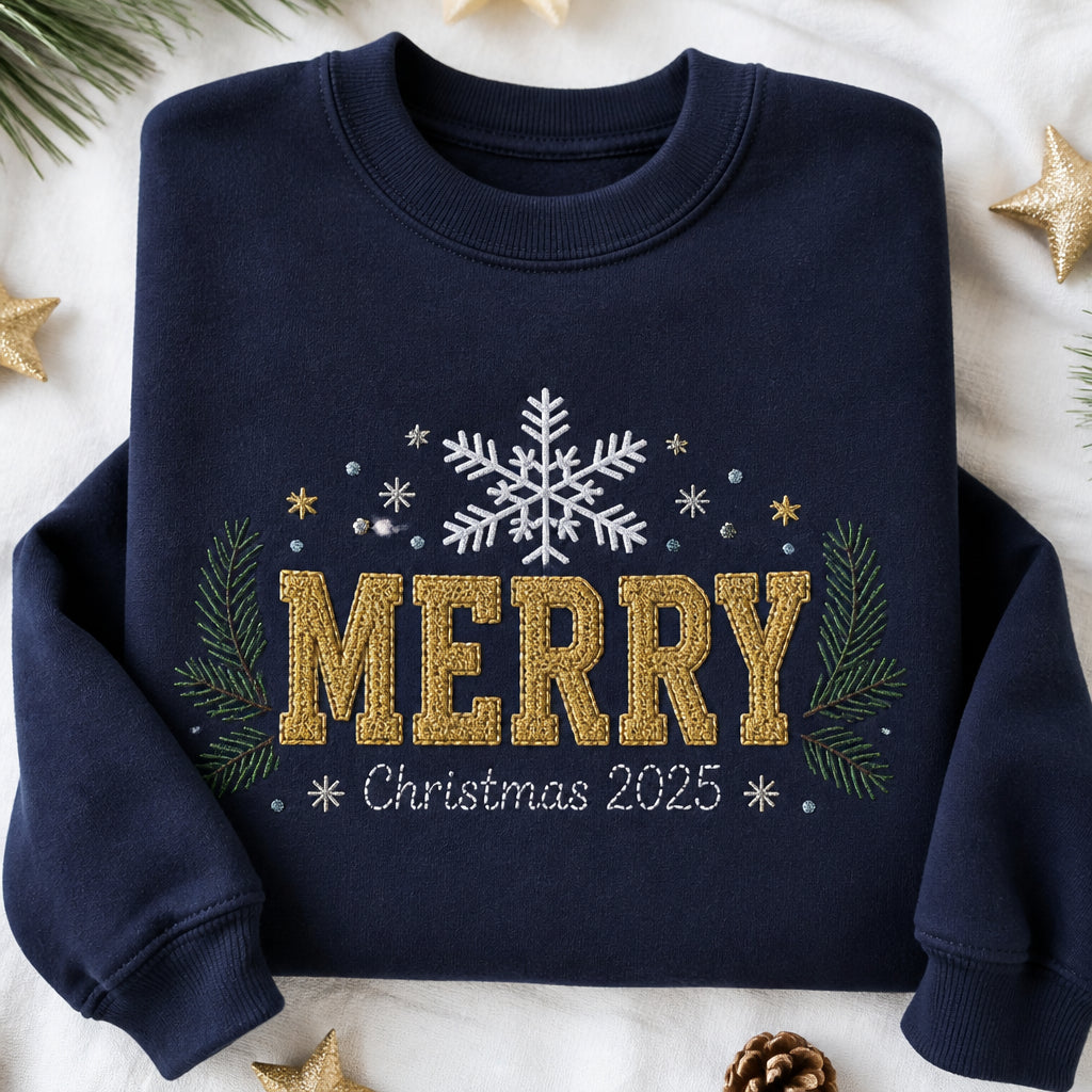 Bold Serif Merry Christmas Snowflake Scene Chenille embroidered sweatshirt — front view